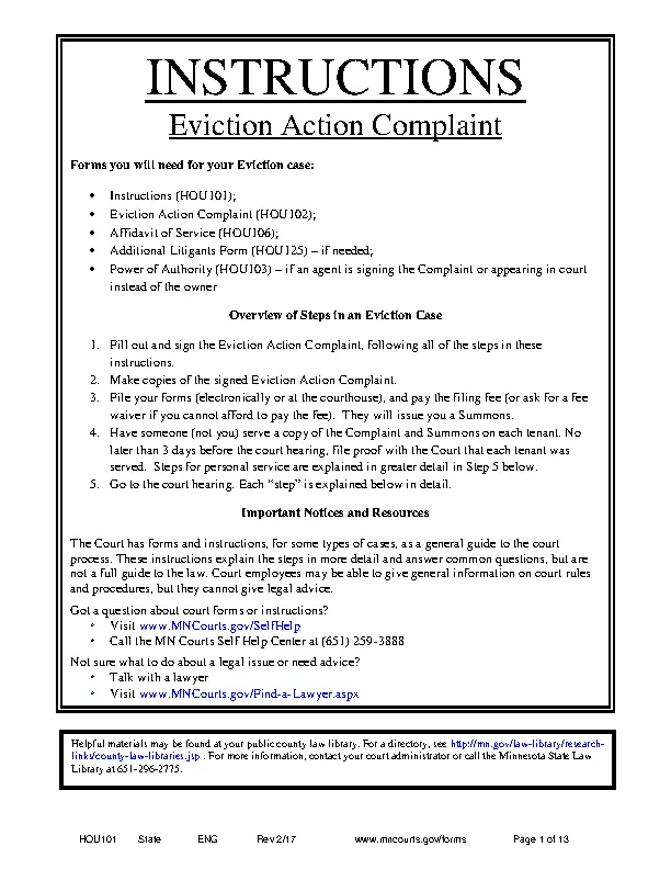 Minnesota Eviction Action Complaint Instructions