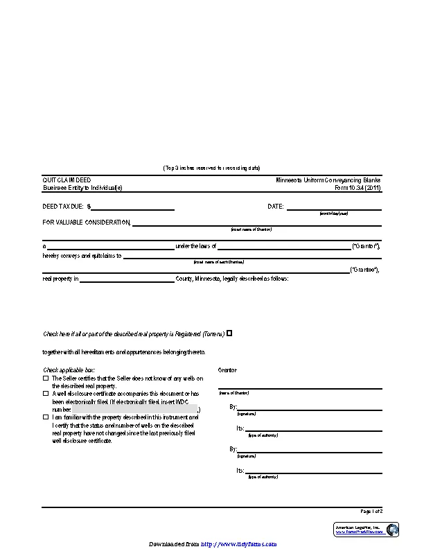 Minnesota Quitclaim Deed Form 2 Business Entity To Individual PDFSimpli
