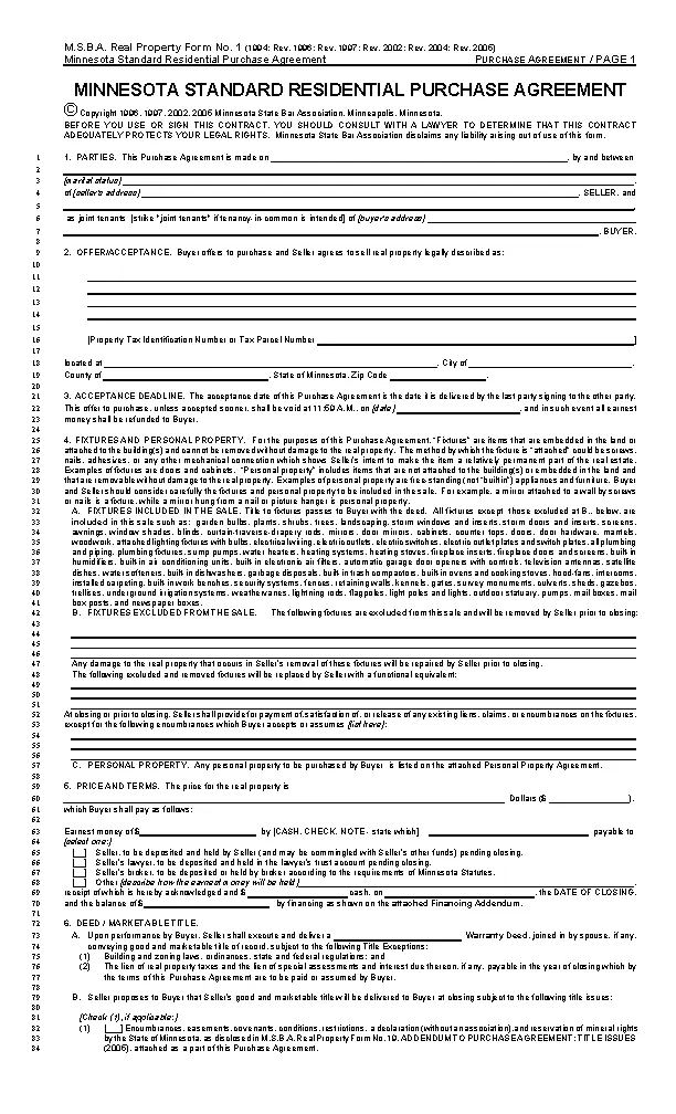Minnesota Standard Residential Purchase Agreement