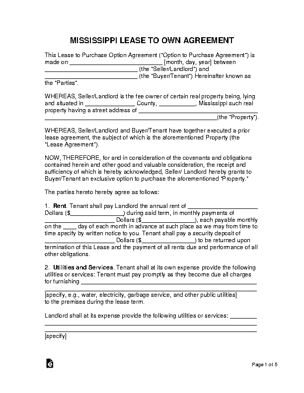 Mississippi Lease To Own Agreement Form