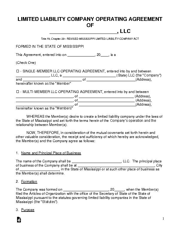 Mississippi Llc Operating Agreement Template