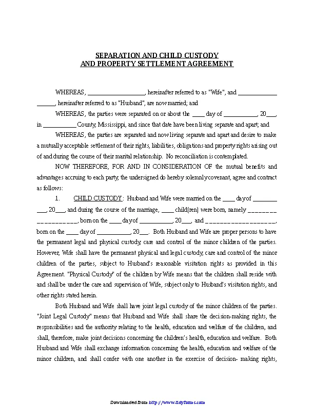 Mississippi Marital Settlement Agreement With Minor Children Form