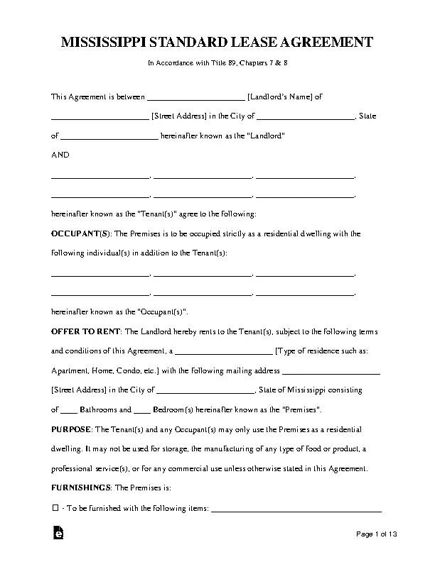 Mississippi Standard Lease Agreement Form Pdfsimpli 8125