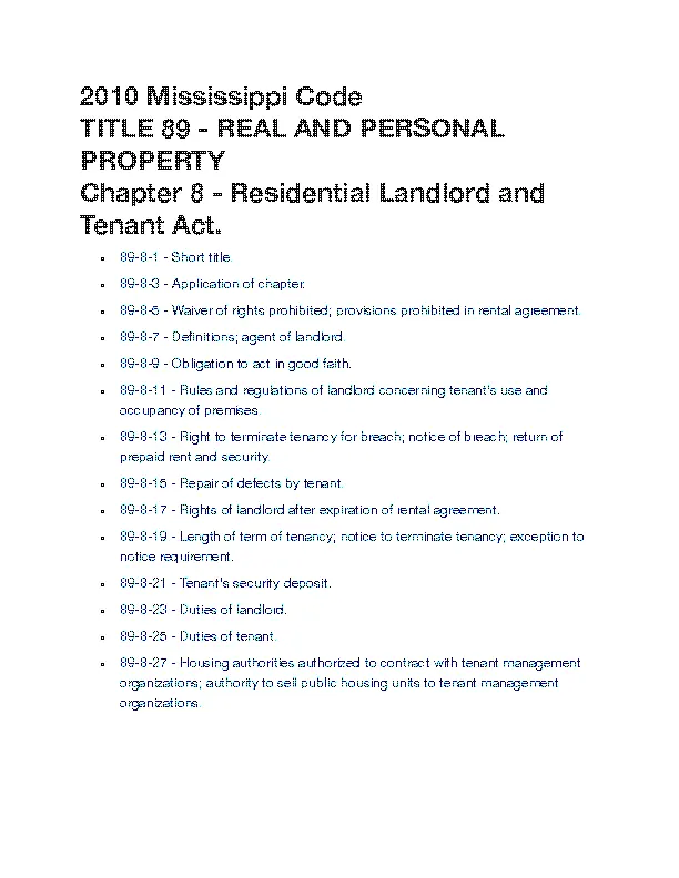 Mississippi Title 89 Chapter 8 Residential Landlord And Tenant Act