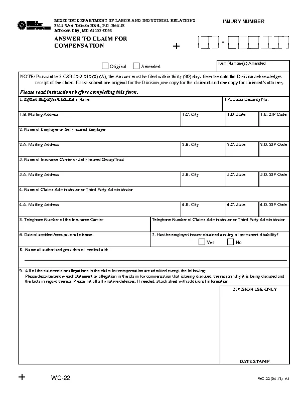Missouri Answer To Claim For Compensation PDFSimpli