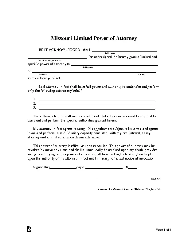 missouri limited power of attorney - PDFSimpli