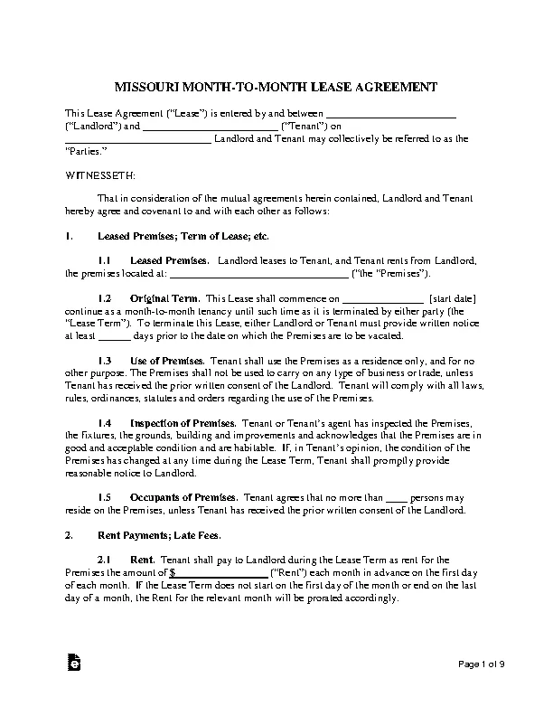Missouri Month To Month Rental Agreement Template