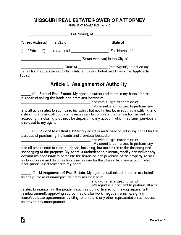 Missouri Real Estate Power Of Attorney Form