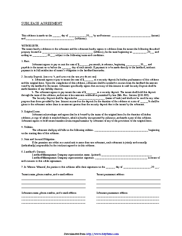 Missouri Sublease Agreement Form