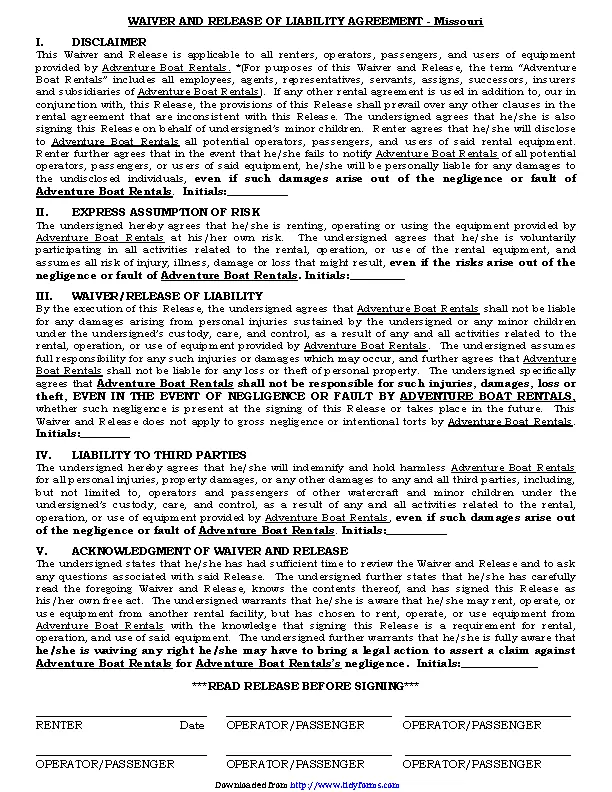 Missouri Waiver And Release Of Liability Agreement PDFSimpli