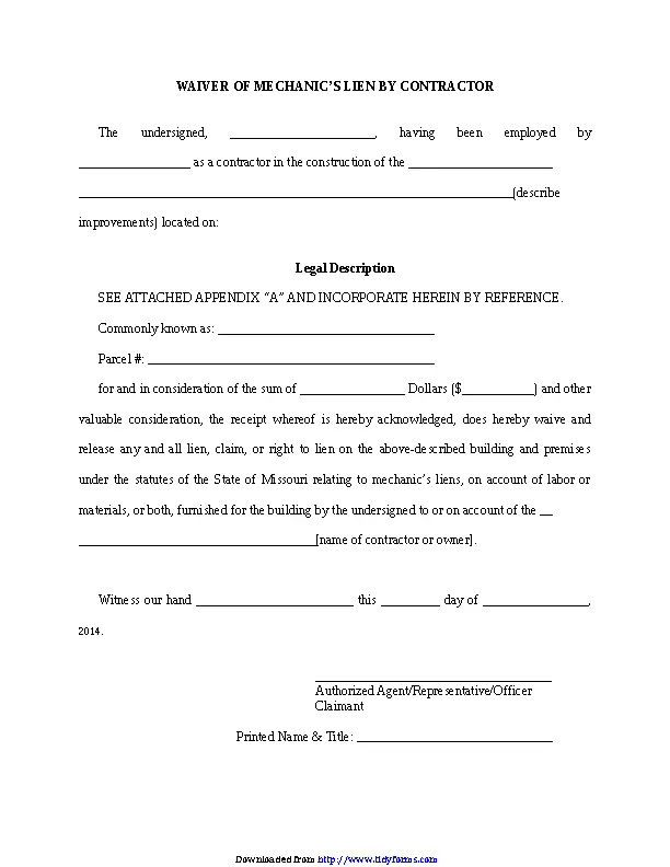 Missouri Waiver Of Mechanic Lien By Contractor