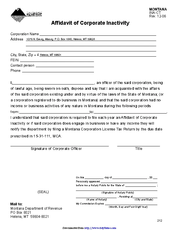 Montana Affidavit Of Corporate Inactivity Form - PDFSimpli