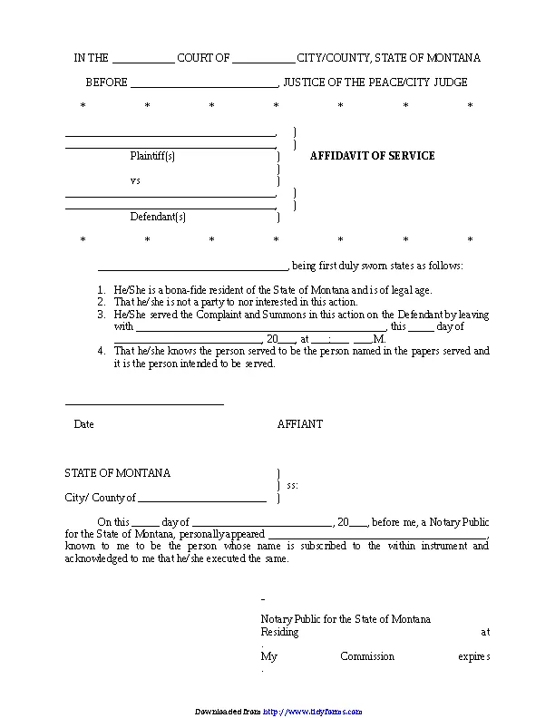 Montana Affidavit Of Service Form