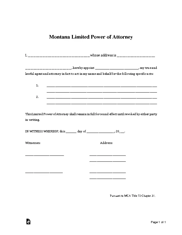 Montana Limited Power Of Attorney 1