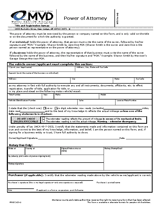Montana Motor Vehicle Power Of Attorney Form