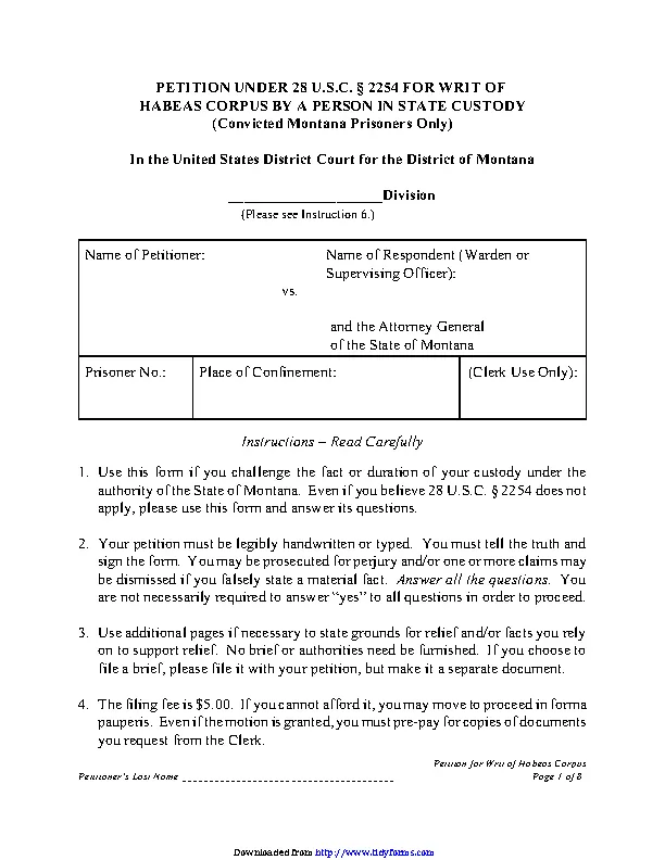 Montana Petition Under 28 U S C 2254 For Writ Of Habeas Corpus - PDFSimpli