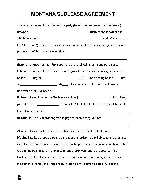 Montana Sublease Agreement Template