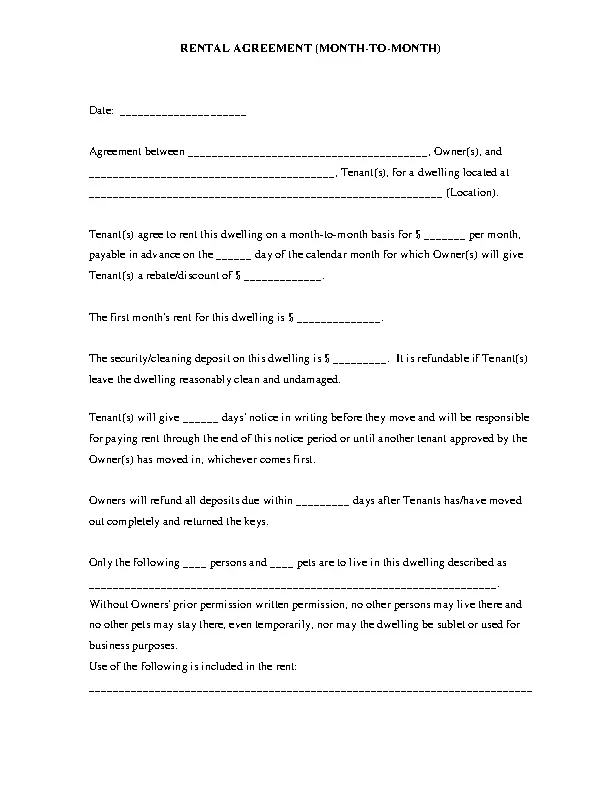 Month Rental Agreement Template PDFSimpli