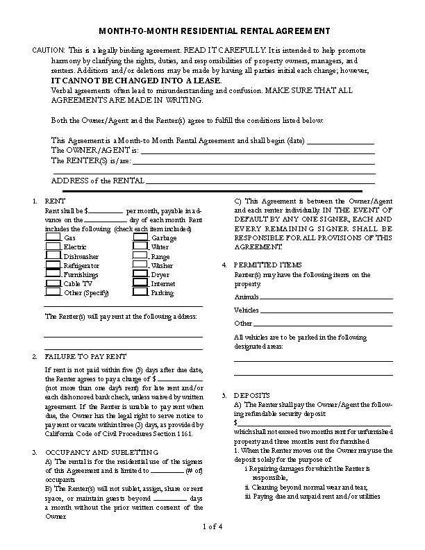 Month To Month Residential Lease Template - PDFSimpli