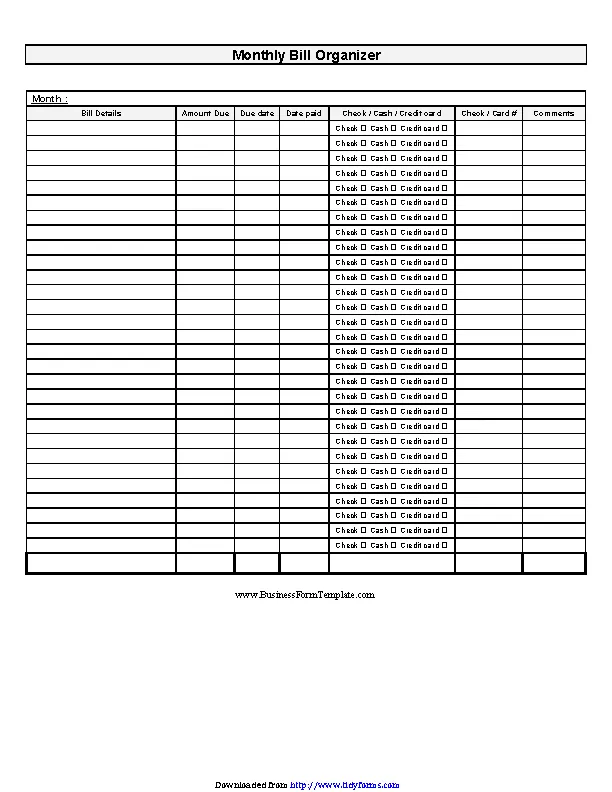 Monthly Bill Organizer Chart - PDFSimpli