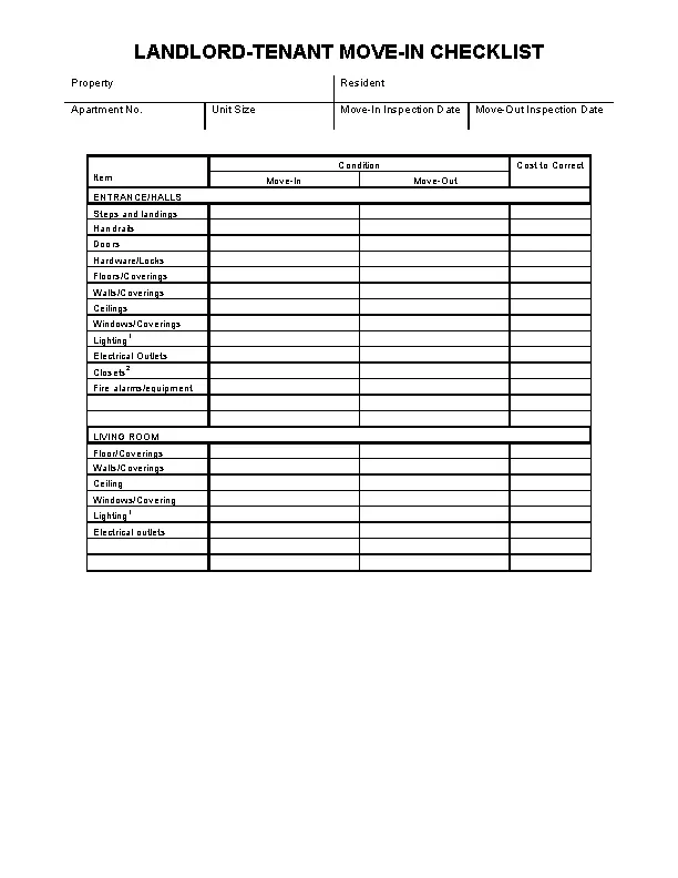 Move In Move Out Landlord Tenant Checklist Form