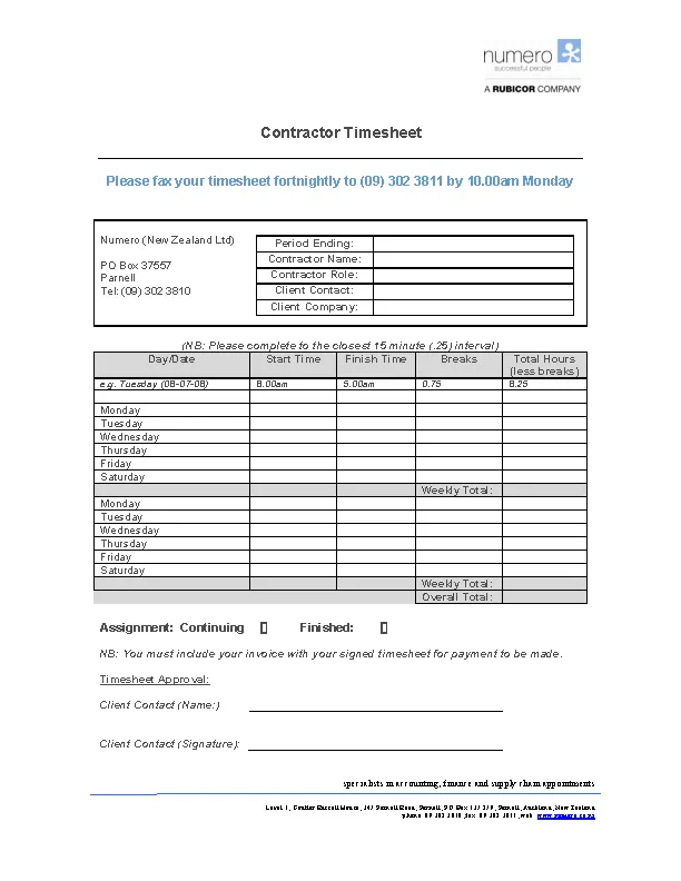 Ms Word 2010 Contractor Timesheet Template Download