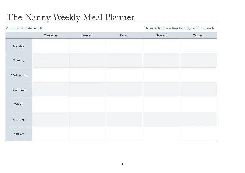 Nanny Daily Meal Planner