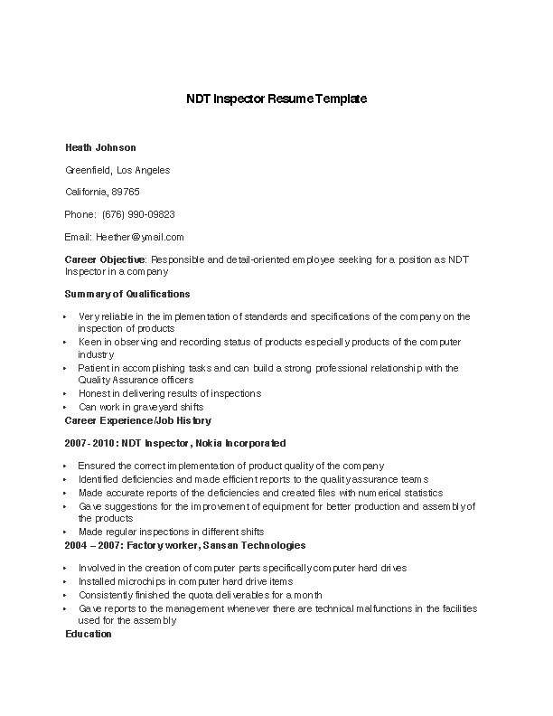 Ndt Inspector Resume Template