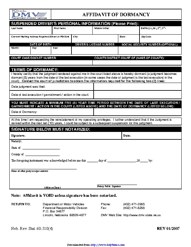 Nebraska Affidavit Of Dormancy Form - PDFSimpli