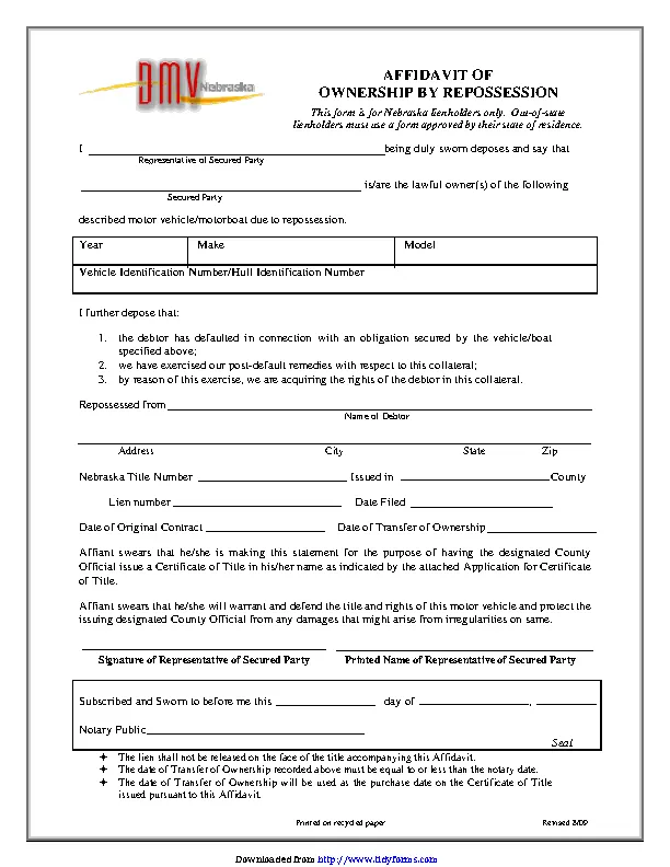 Nebraska Affidavit Of Ownership By Repossession Form PDFSimpli