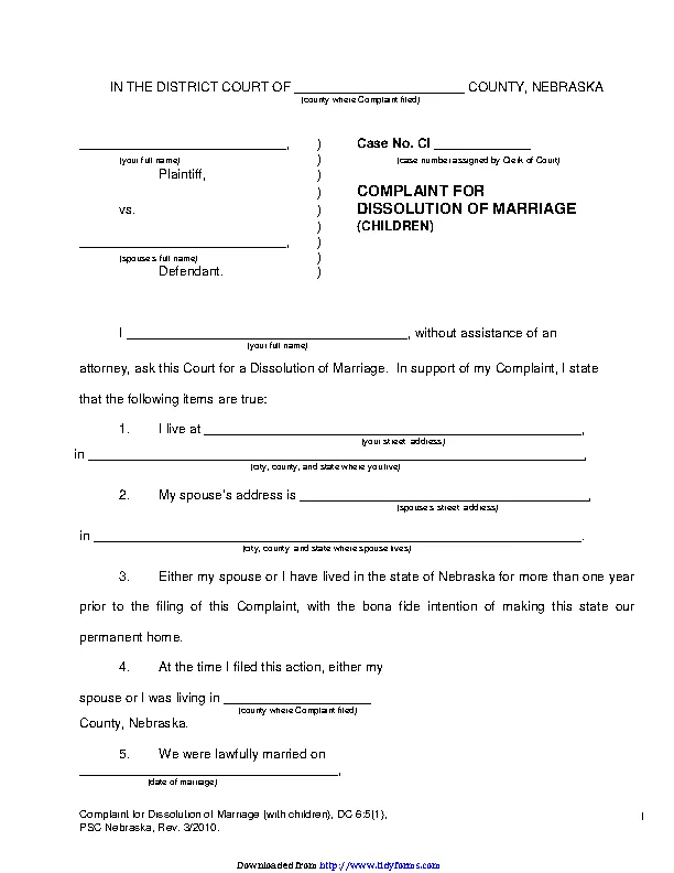 Nebraska Complaint For Dissolution Of Marriage Children Form