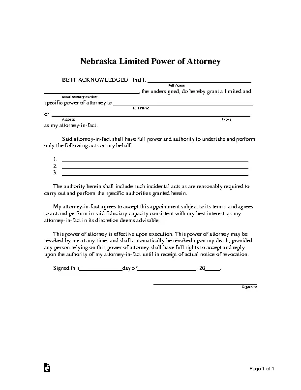 Nebraska Limited Power Of Attorney