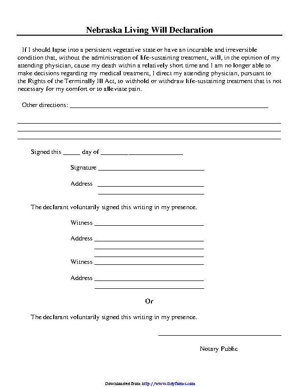 Nebraska Living Will Form PDFSimpli