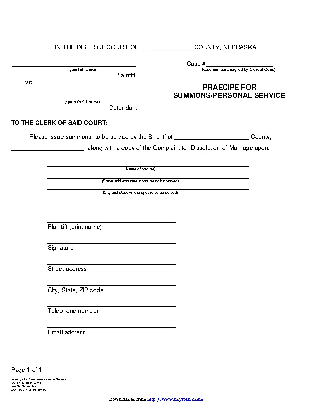 Nebraska Praecipe For Summons Personal Service Form - Pdfsimpli