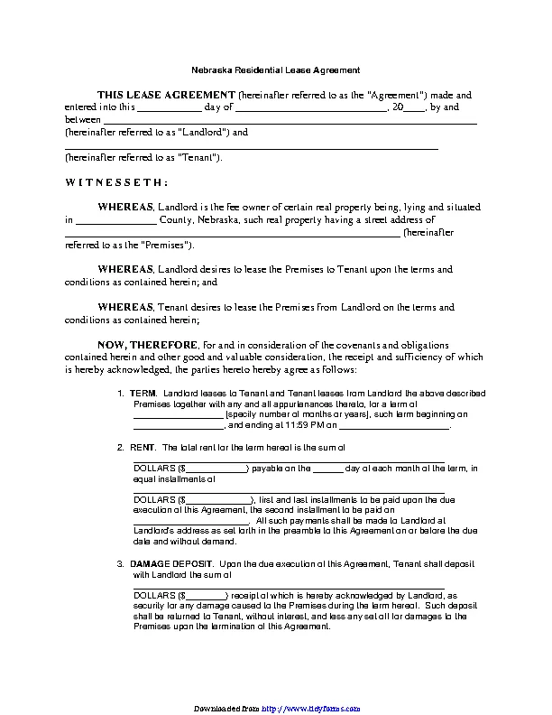 Nebraska Residential Lease Agreement - PDFSimpli