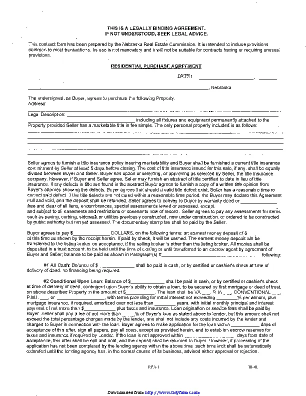 Nebraska Residential Purchase Agreement Form - Pdfsimpli