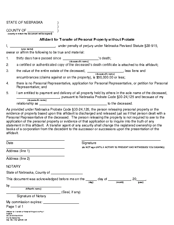 Nebraska Small Estate Affidavit Personal Property Form Cc 15 40