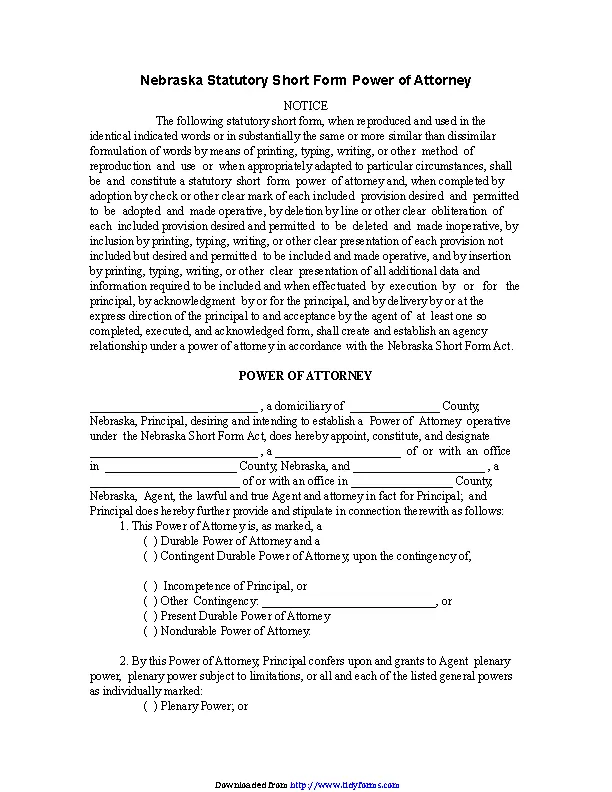 Nebraska Statutory Power Of Attorney Form