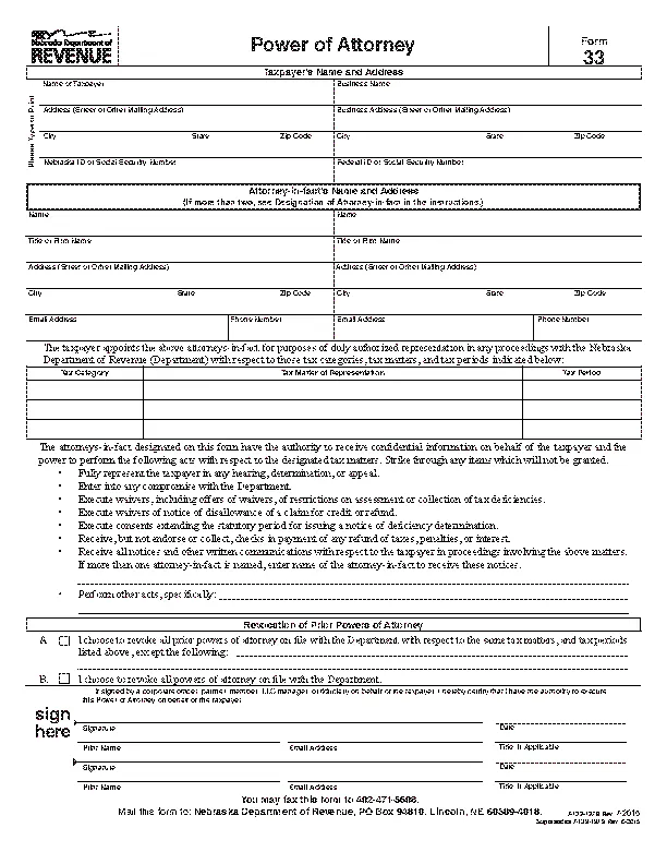 Nebraska Tax Power Of Attorney Form - PDFSimpli