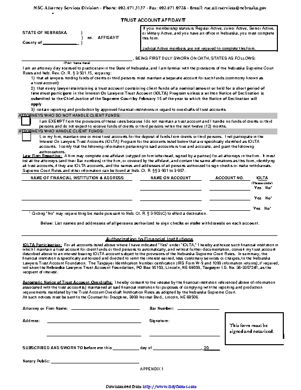 Nebraska Trust Account Affidavit Form PDFSimpli