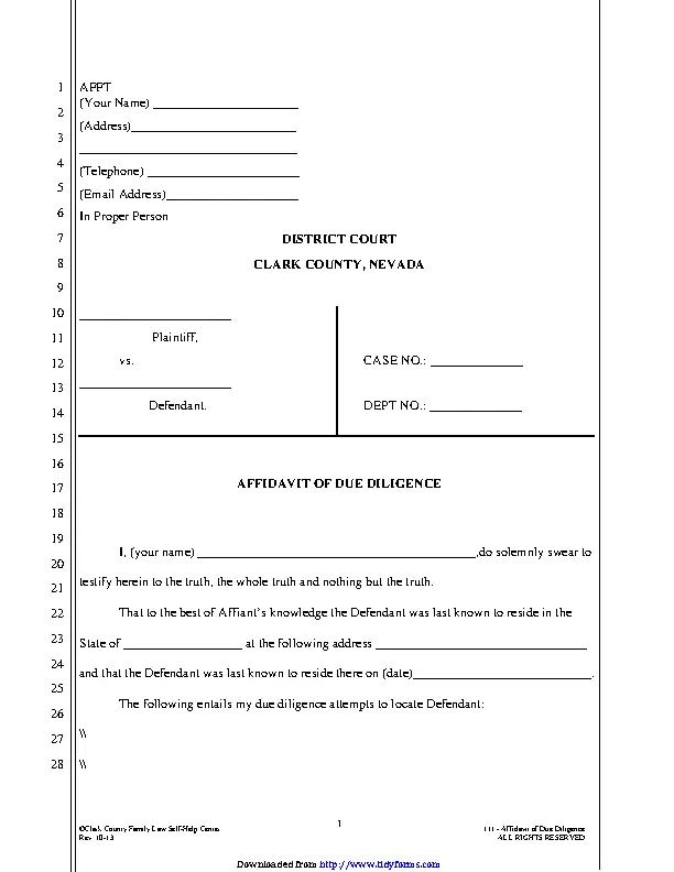 Nevada Affidavit Of Due Diligence Form - PDFSimpli