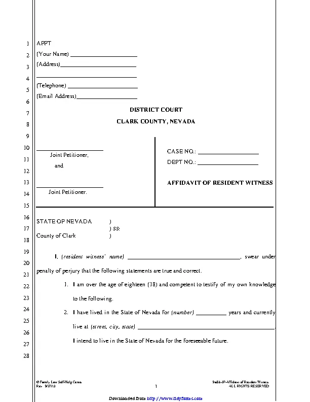 Nevada Affidavit Of Resident Witness Form