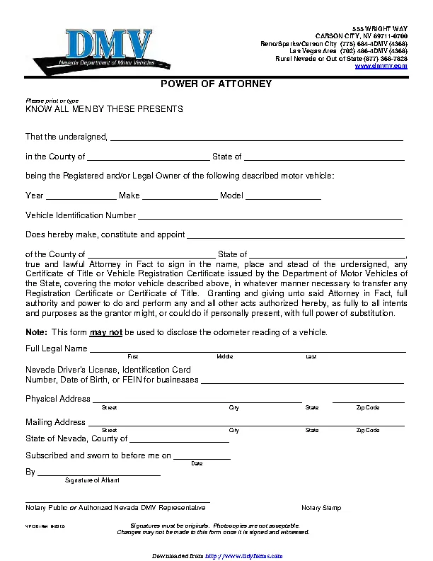 Nevada Motor Vehicle Power Of Attorney Form - PDFSimpli