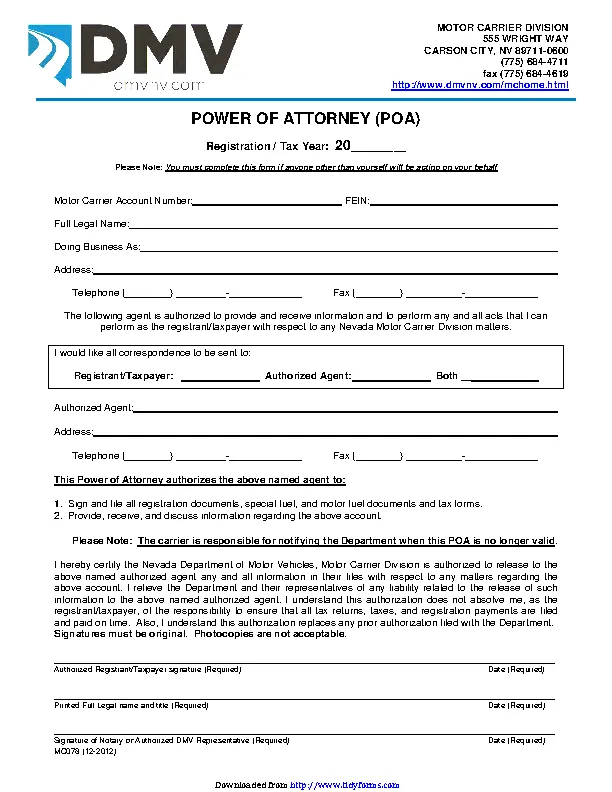 Nevada Power Of Attorney About Motor Form - PDFSimpli