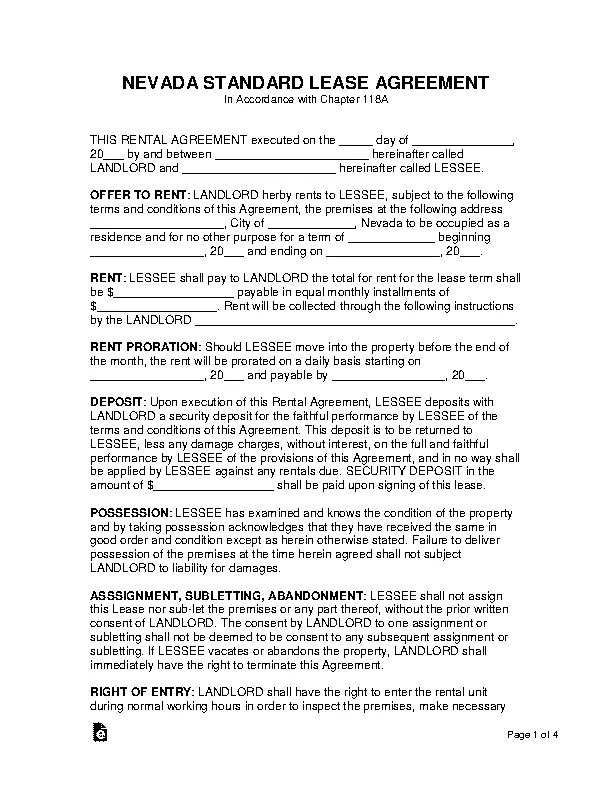 nevada standard residential lease agreement form PDFSimpli