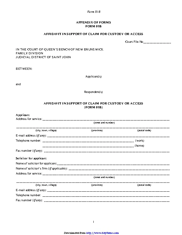 New Brunswick Affidavit In Support Of Claim For Custody Or Access Form