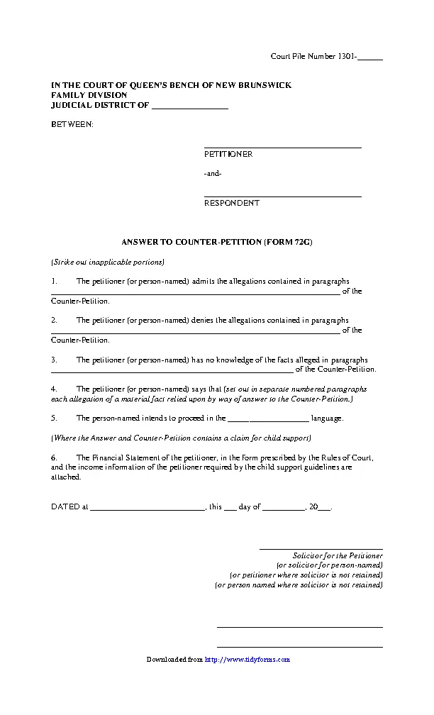 New Brunswick Answer To Counter Petition Form