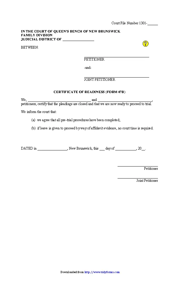 New Brunswick Certificate Of Readiness Affidavit Joint Form