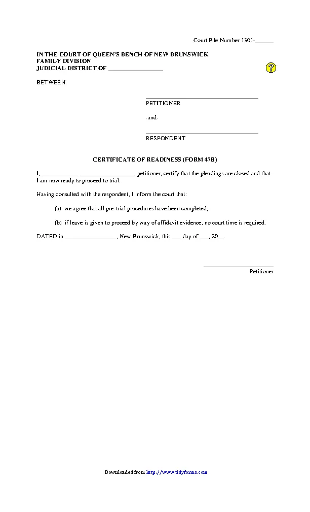 New Brunswick Certificate Of Readiness Affidavit Sole Petitioner Form