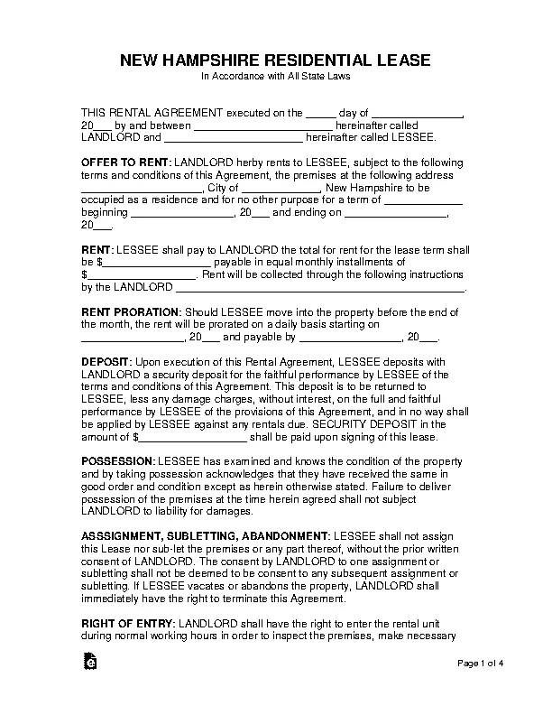 New Hampshire 1 Year Standard Residential Lease Agreement Form